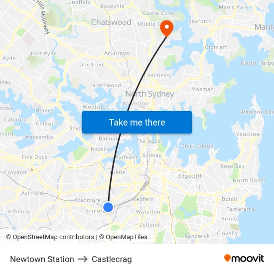 Newtown Station to Castlecrag map