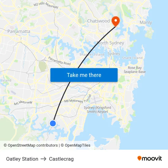 Oatley Station to Castlecrag map