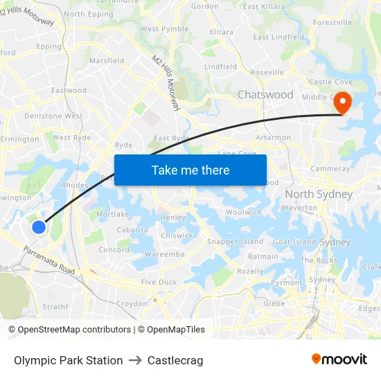 Olympic Park Station to Castlecrag map