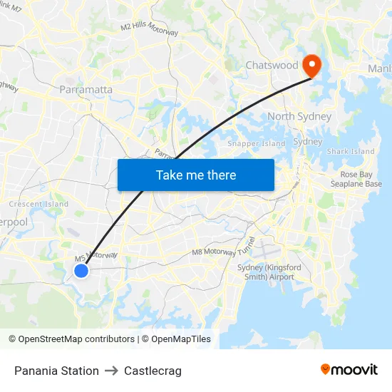 Panania Station to Castlecrag map