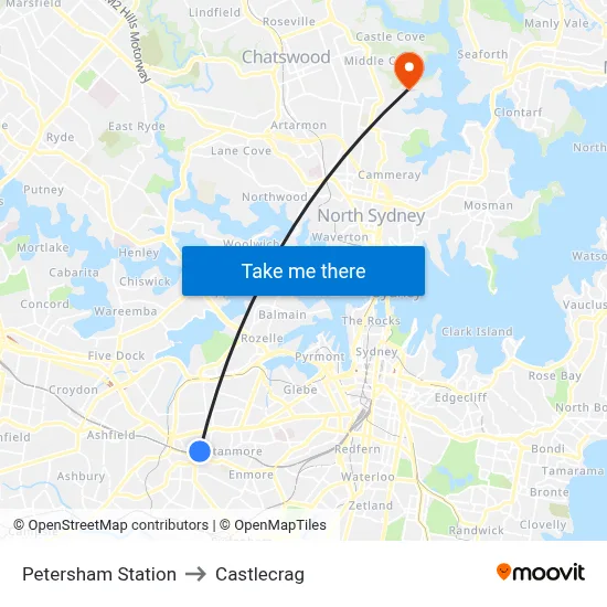 Petersham Station to Castlecrag map