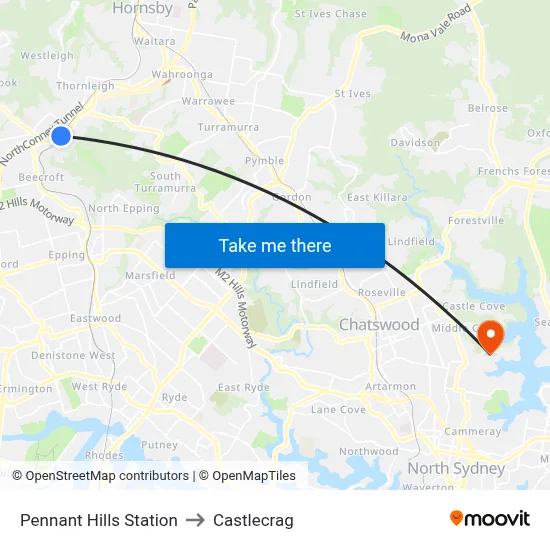 Pennant Hills Station to Castlecrag map