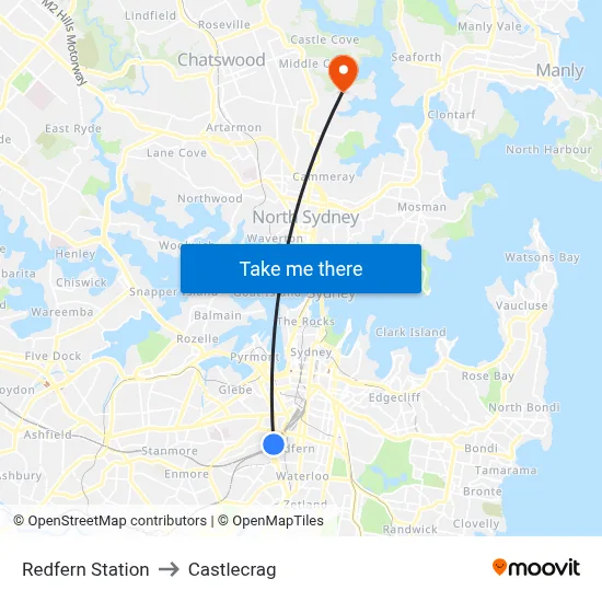 Redfern Station to Castlecrag map