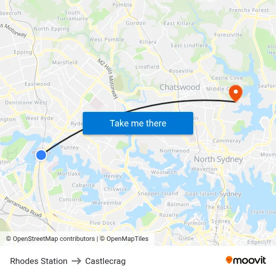 Rhodes Station to Castlecrag map