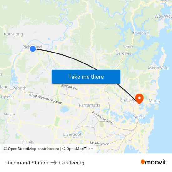 Richmond Station to Castlecrag map