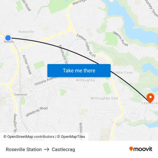 Roseville Station to Castlecrag map