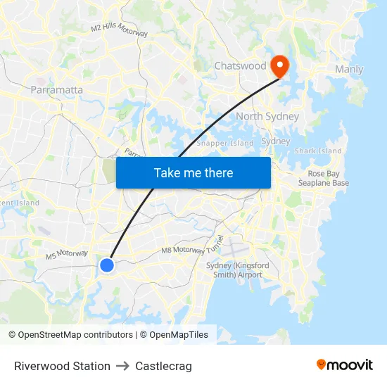 Riverwood Station to Castlecrag map