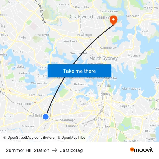 Summer Hill Station to Castlecrag map