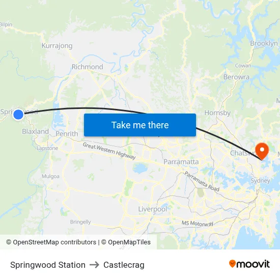 Springwood Station to Castlecrag map