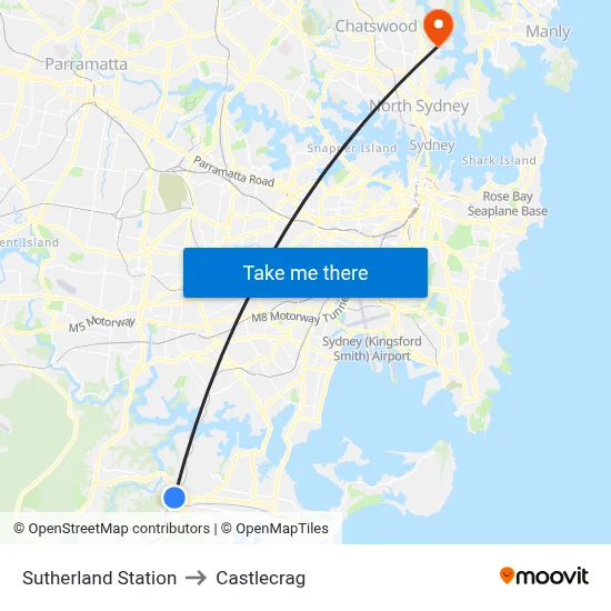 Sutherland Station to Castlecrag map