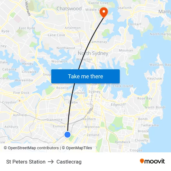 St Peters Station to Castlecrag map