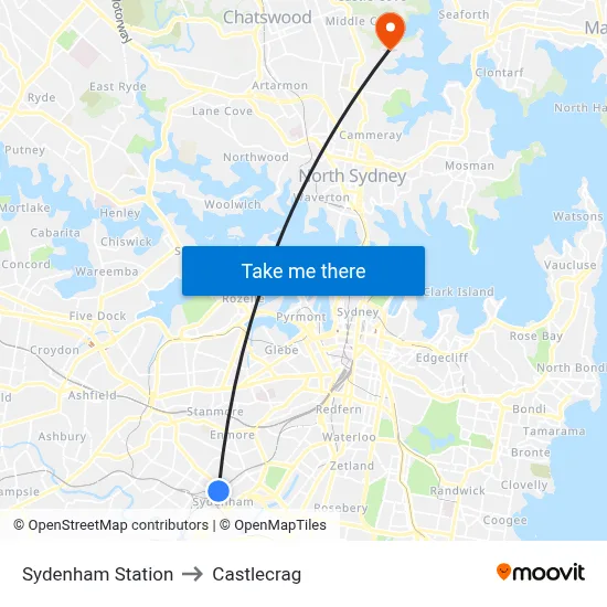 Sydenham Station to Castlecrag map