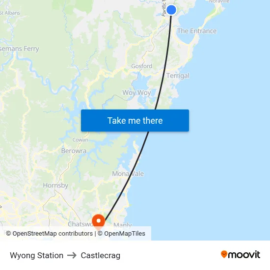 Wyong Station to Castlecrag map