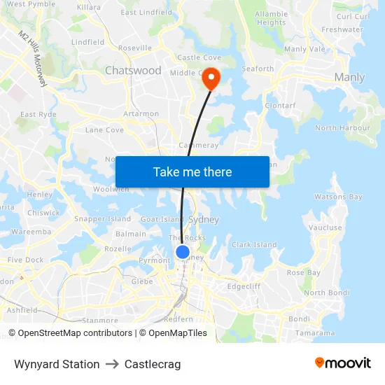 Wynyard Station to Castlecrag map