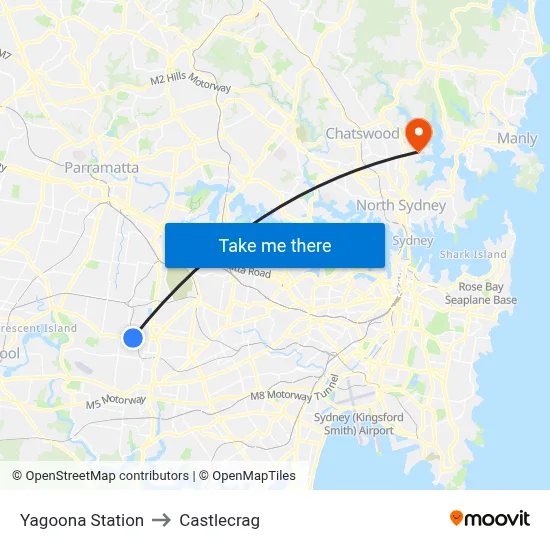 Yagoona Station to Castlecrag map