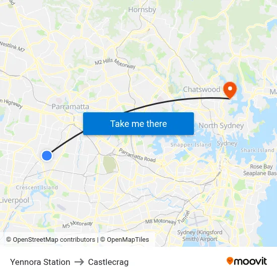 Yennora Station to Castlecrag map