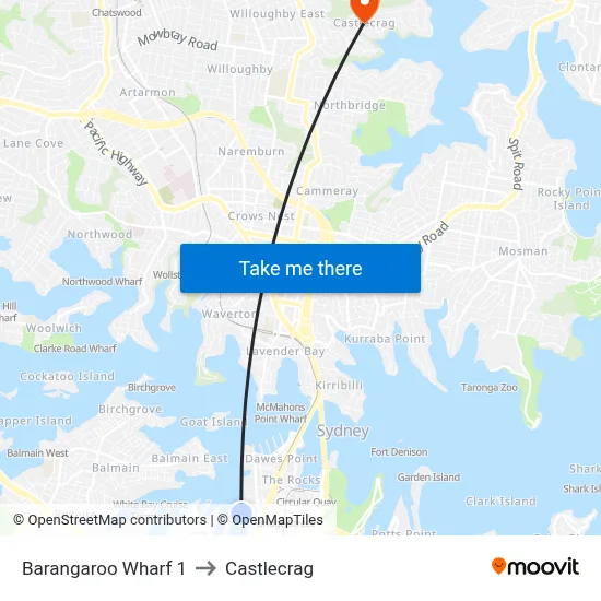 Barangaroo Wharf 1 to Castlecrag map