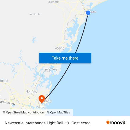 Newcastle Interchange Light Rail to Castlecrag map
