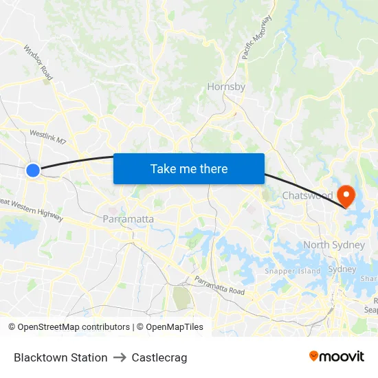 Blacktown Station to Castlecrag map