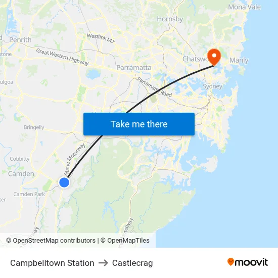 Campbelltown Station to Castlecrag map