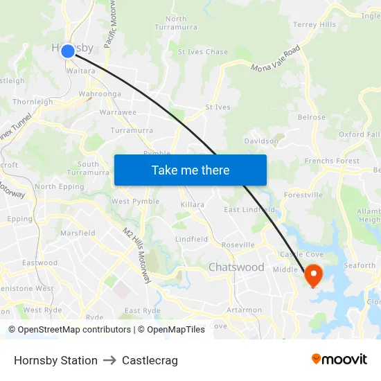 Hornsby Station to Castlecrag map