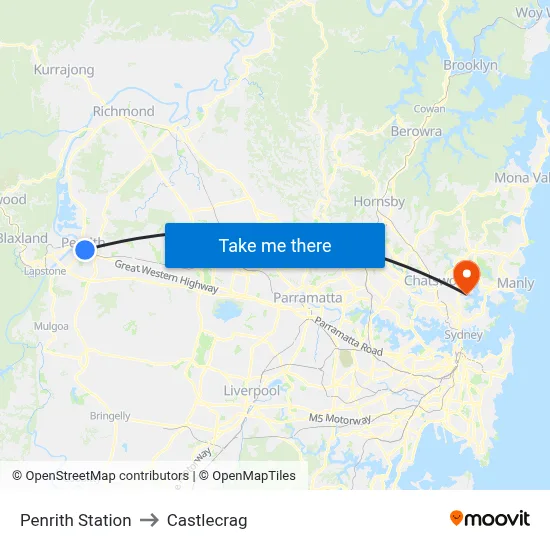 Penrith Station to Castlecrag map