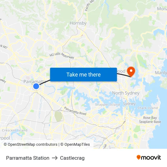 Parramatta Station to Castlecrag map