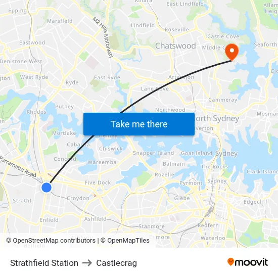 Strathfield Station to Castlecrag map