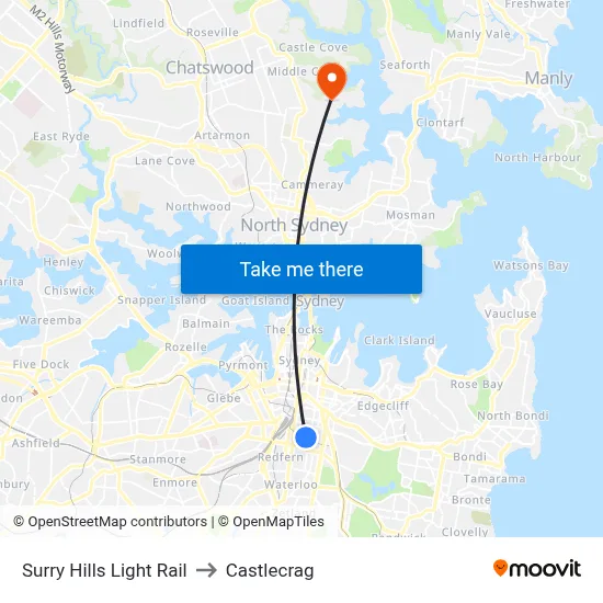 Surry Hills Light Rail to Castlecrag map