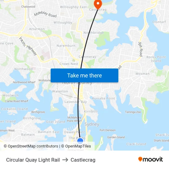 Circular Quay Light Rail to Castlecrag map