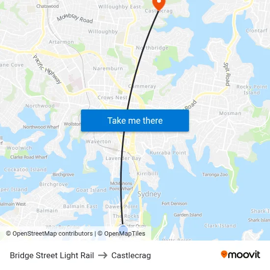 Bridge Street Light Rail to Castlecrag map