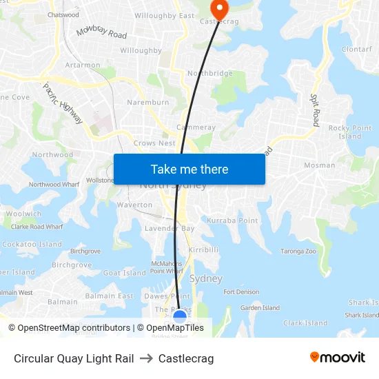Circular Quay Light Rail to Castlecrag map