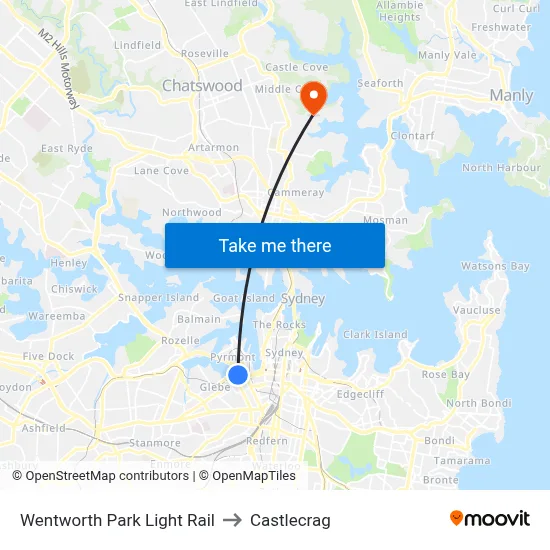 Wentworth Park Light Rail to Castlecrag map