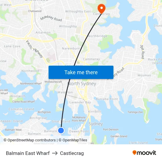 Balmain East Wharf to Castlecrag map