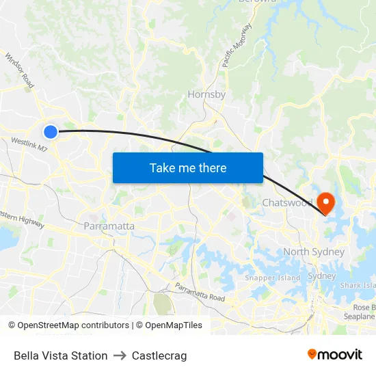 Bella Vista Station to Castlecrag map
