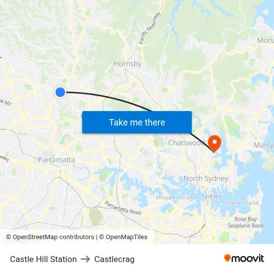 Castle Hill Station to Castlecrag map