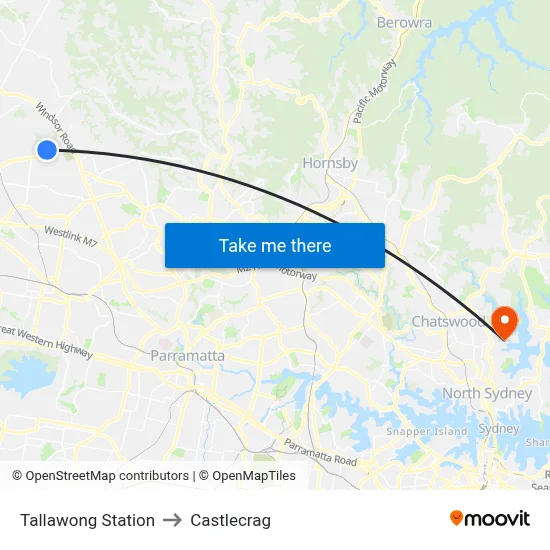 Tallawong Station to Castlecrag map