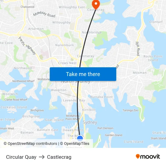 Circular Quay to Castlecrag map