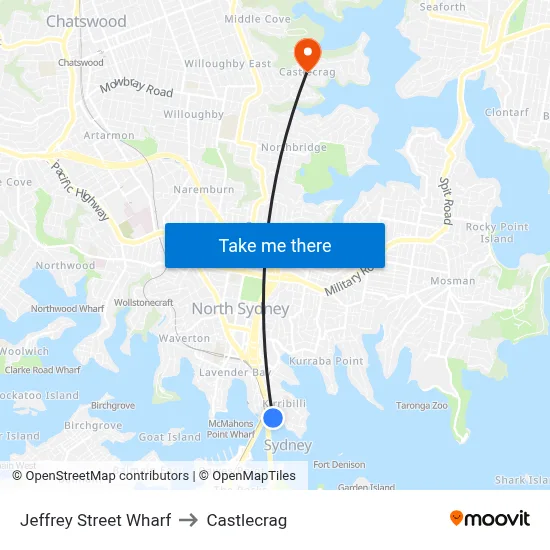 Jeffrey Street Wharf to Castlecrag map