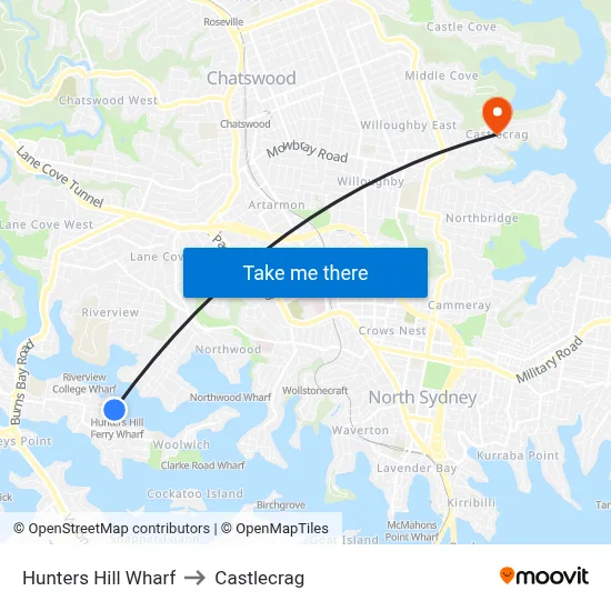 Hunters Hill Wharf to Castlecrag map