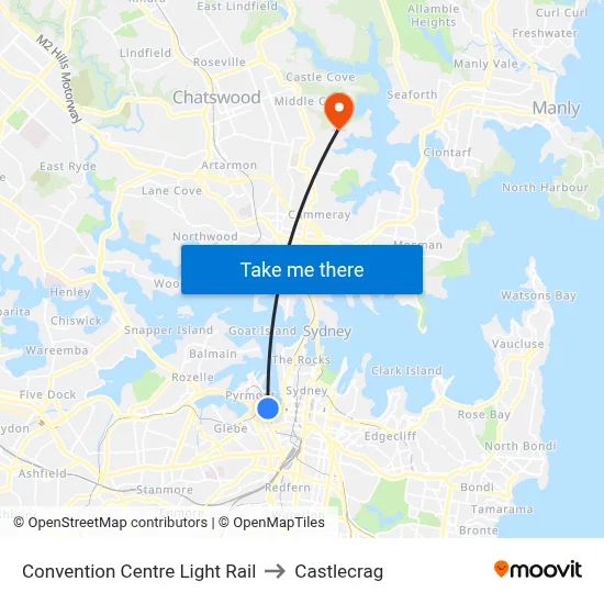 Convention Centre Light Rail to Castlecrag map