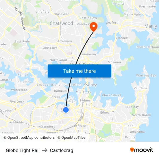 Glebe Light Rail to Castlecrag map