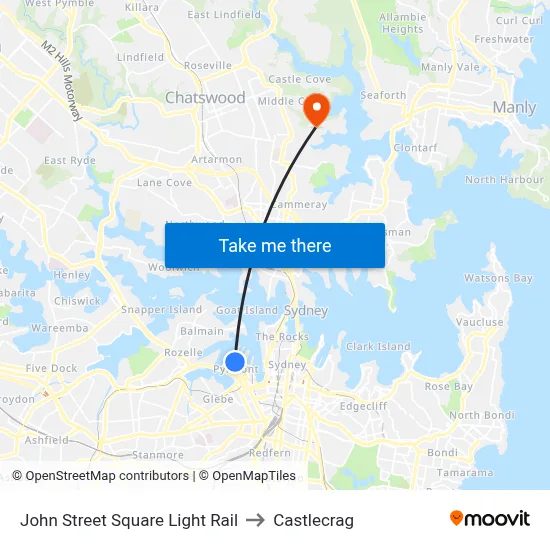 John Street Square Light Rail to Castlecrag map