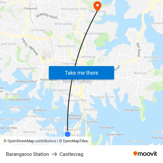 Barangaroo Station to Castlecrag map