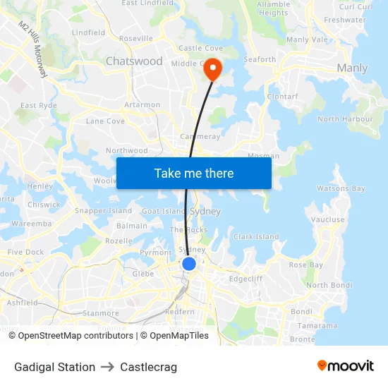 Gadigal Station to Castlecrag map