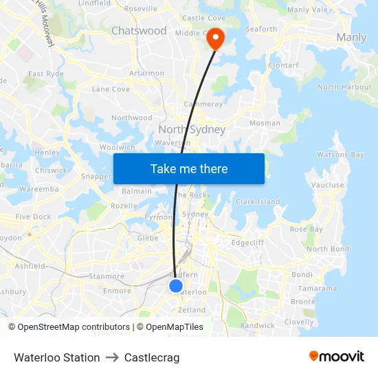 Waterloo Station to Castlecrag map