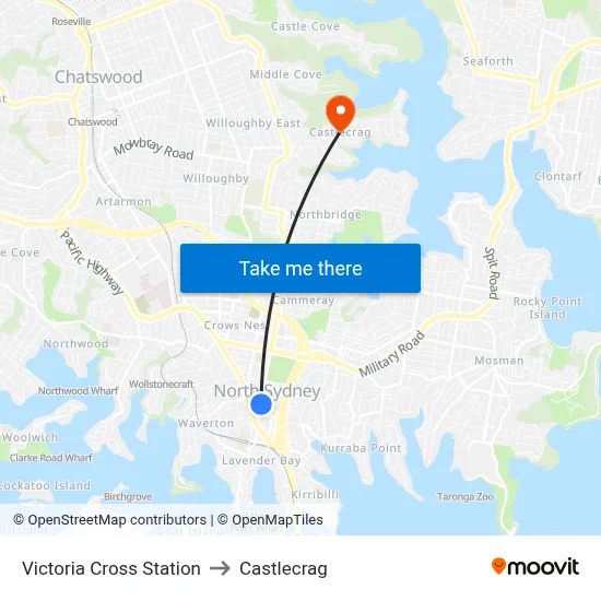 Victoria Cross Station to Castlecrag map