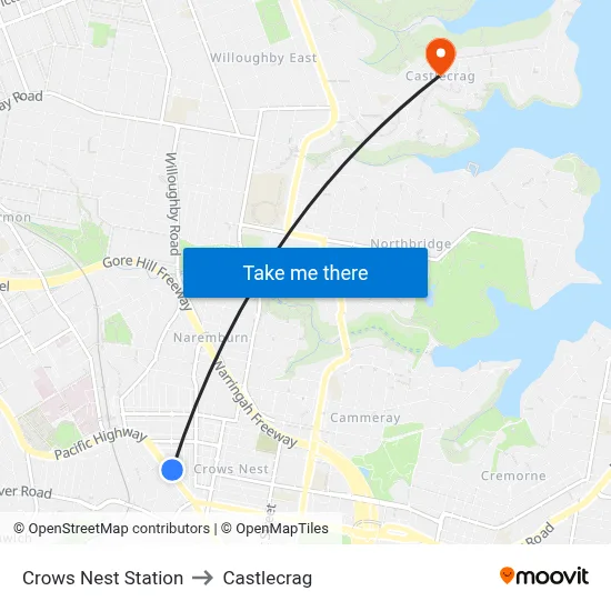 Crows Nest Station to Castlecrag map