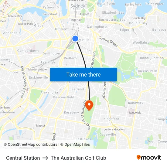 Central Station to The Australian Golf Club map