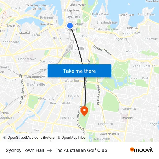 Sydney Town Hall to The Australian Golf Club map